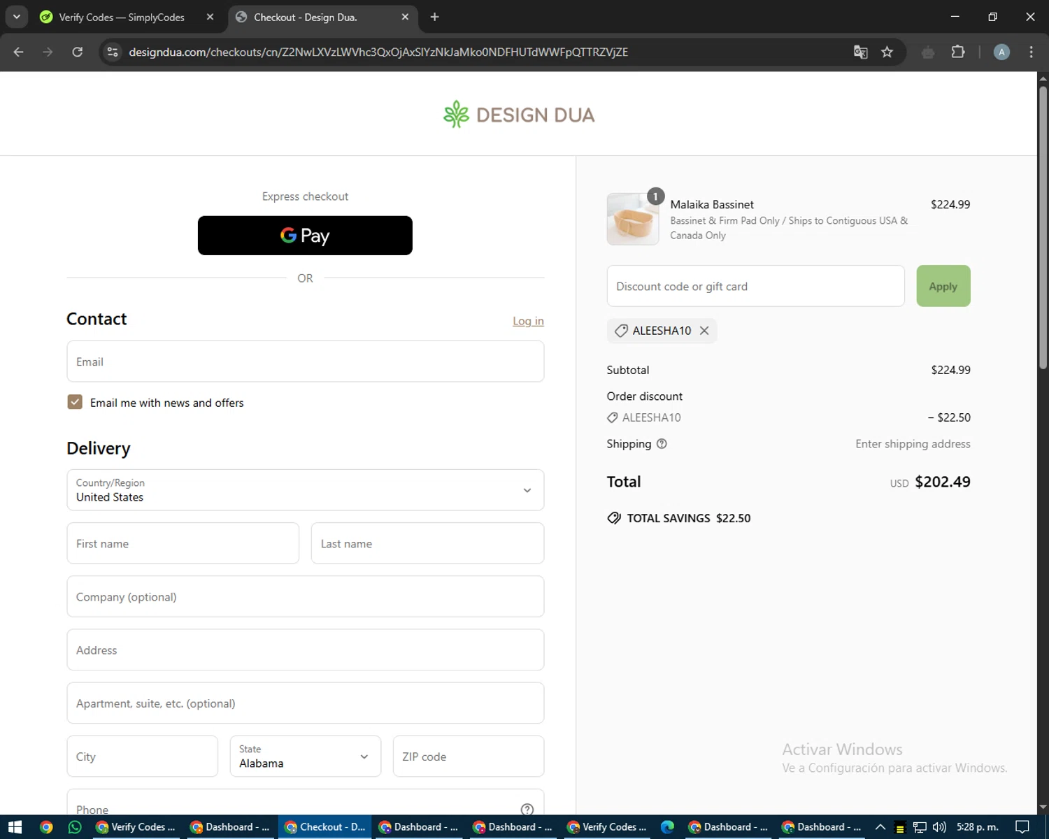 Design Dua discount code screenshot showing code ALEESHA10 applied at Design Dua checkout page. Uploaded by SimplyCodes community member trippieredd on May 12, 2025