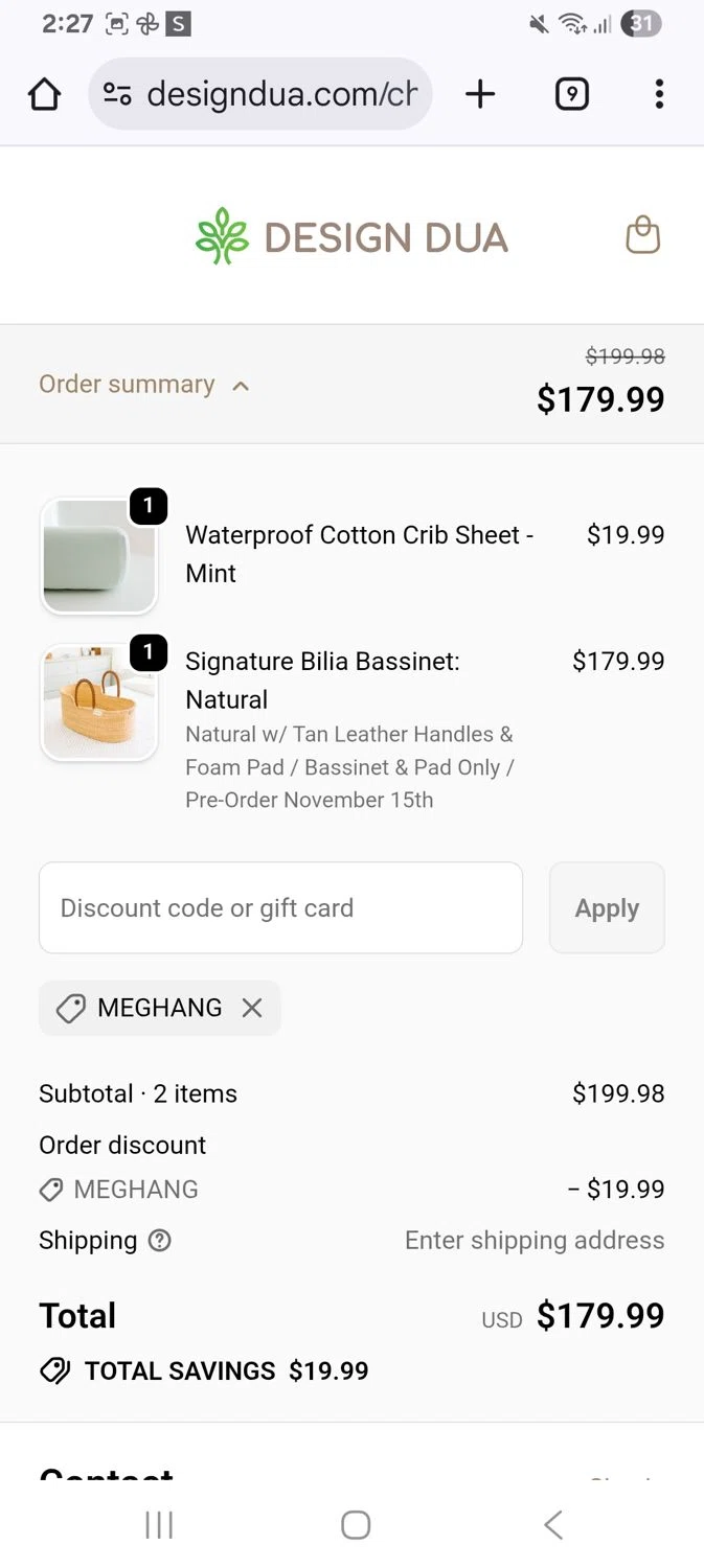 Design Dua discount code screenshot showing code Meghang applied at Design Dua checkout page. Uploaded by SimplyCodes community member KarinaHZ on Dec 4, 2025