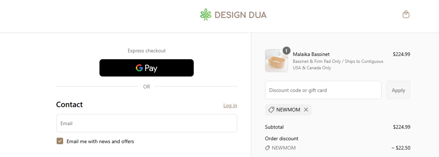 Design Dua discount code screenshot showing code NEWMOM applied at Design Dua checkout page. Uploaded by SimplyCodes community member ashe1986 on Jun 24, 2025