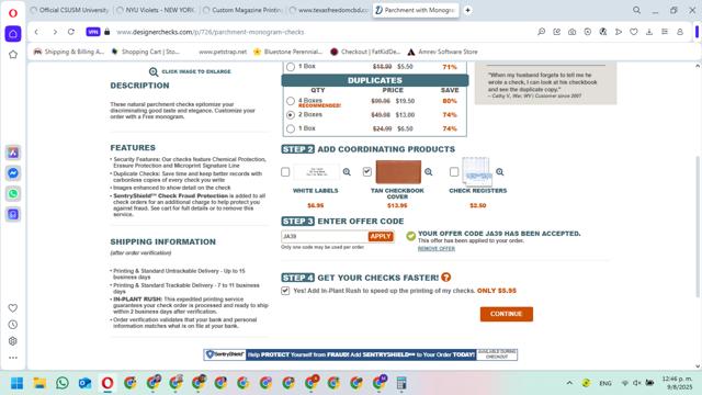 Designer Checks checkout page showing Designer Checks discount code box | Screenshot taken by SimplyCodes community member on Aug 9, 2025