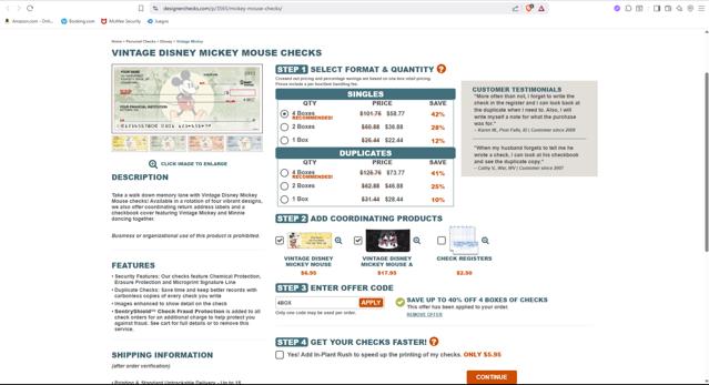 Designer Checks checkout page showing Designer Checks discount code box | Screenshot taken by SimplyCodes community member on Jun 27, 2025