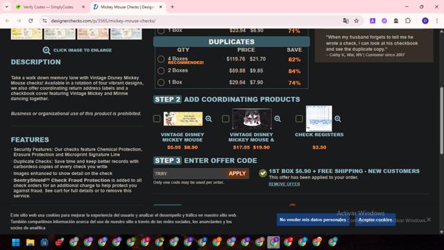 Designer Checks checkout page showing Designer Checks discount code box | Screenshot taken by SimplyCodes community member on Jun 27, 2025