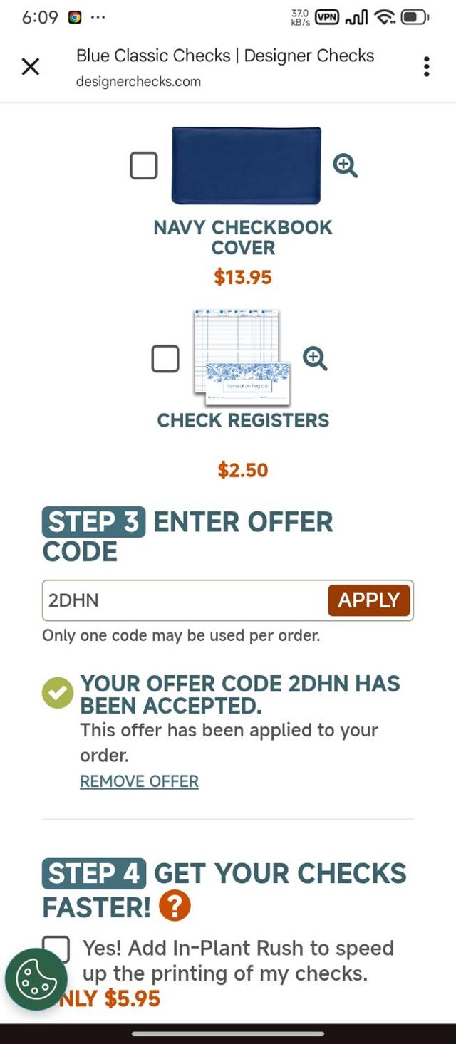 Designer Checks checkout page showing Designer Checks discount code box | Screenshot taken by SimplyCodes community member on Jun 27, 2025