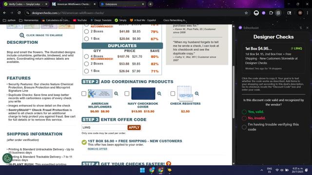 Designer Checks checkout page showing Designer Checks discount code box | Screenshot taken by SimplyCodes community member on Jul 20, 2025
