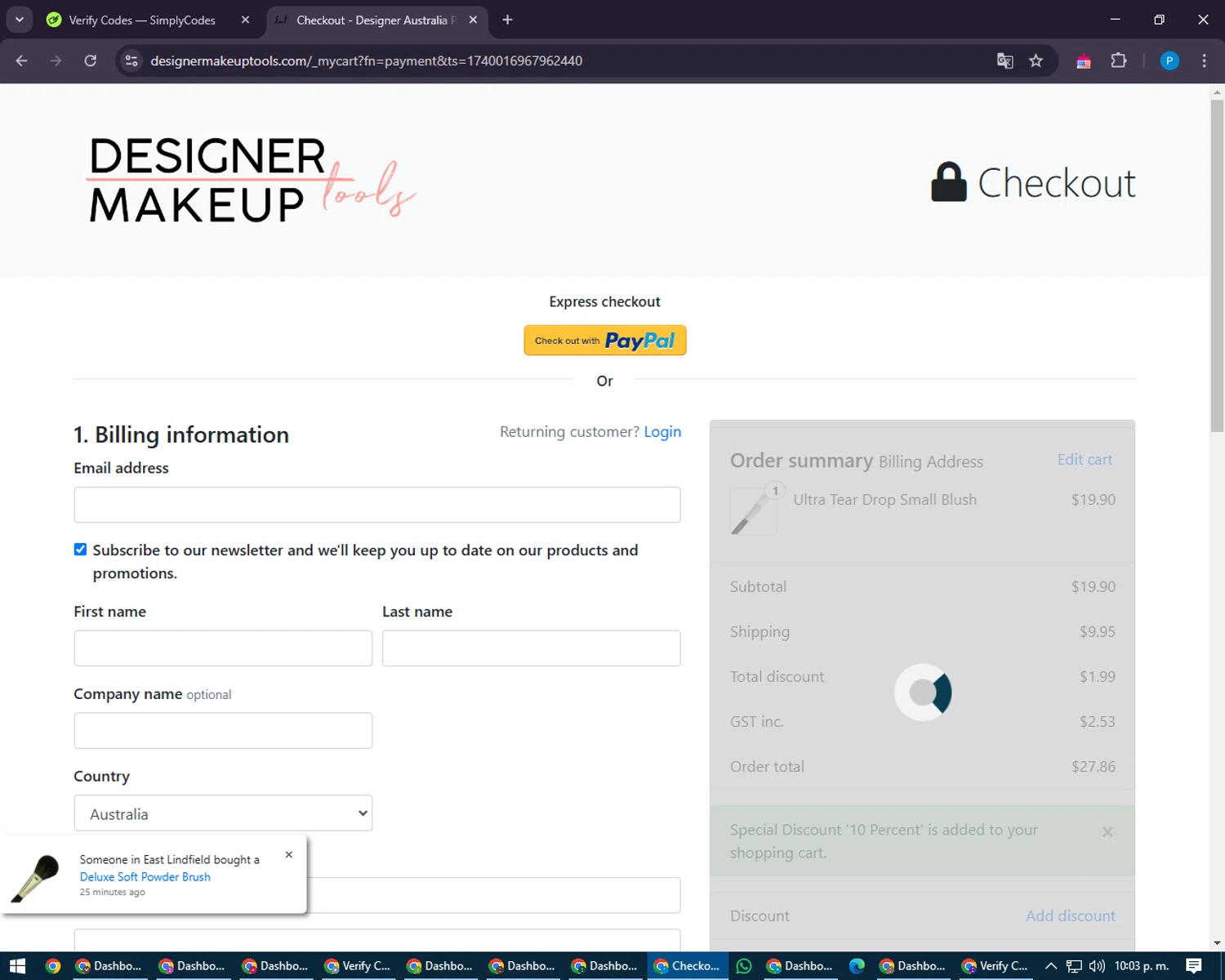 Designer Makeup Tools discount code screenshot showing code DMTSM10 applied at Designer Makeup Tools checkout page. Uploaded by SimplyCodes community member juiceWRLD on Feb 20, 2025