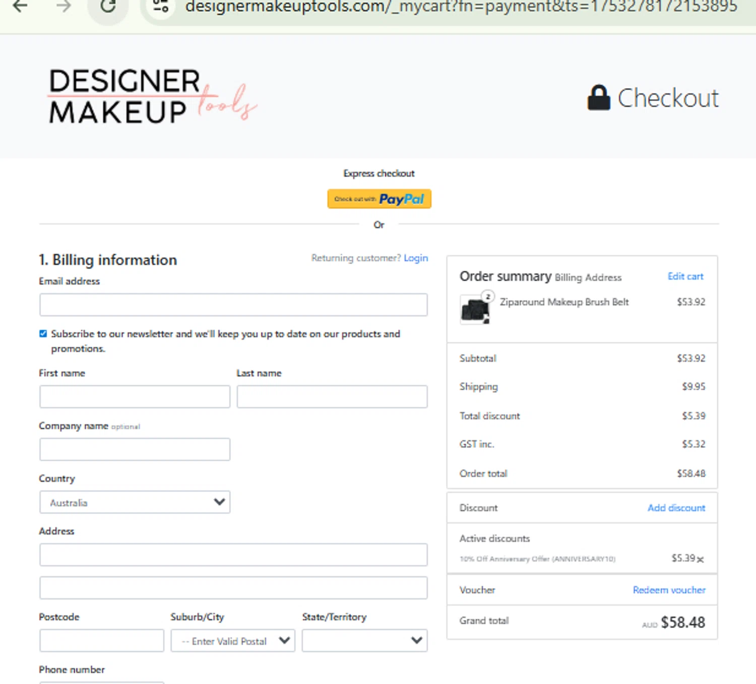 Designer Makeup Tools discount code screenshot showing code ANNIVERSARY10 applied at Designer Makeup Tools checkout page. Uploaded by SimplyCodes community member CashMaestro9337 on Jul 23, 2025
