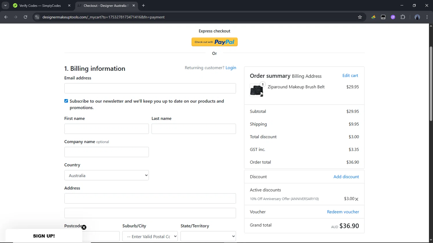 Designer Makeup Tools discount code screenshot showing code ANNIVERSARY10 applied at Designer Makeup Tools checkout page. Uploaded by SimplyCodes community member Time_sin_filtro on Jul 23, 2025