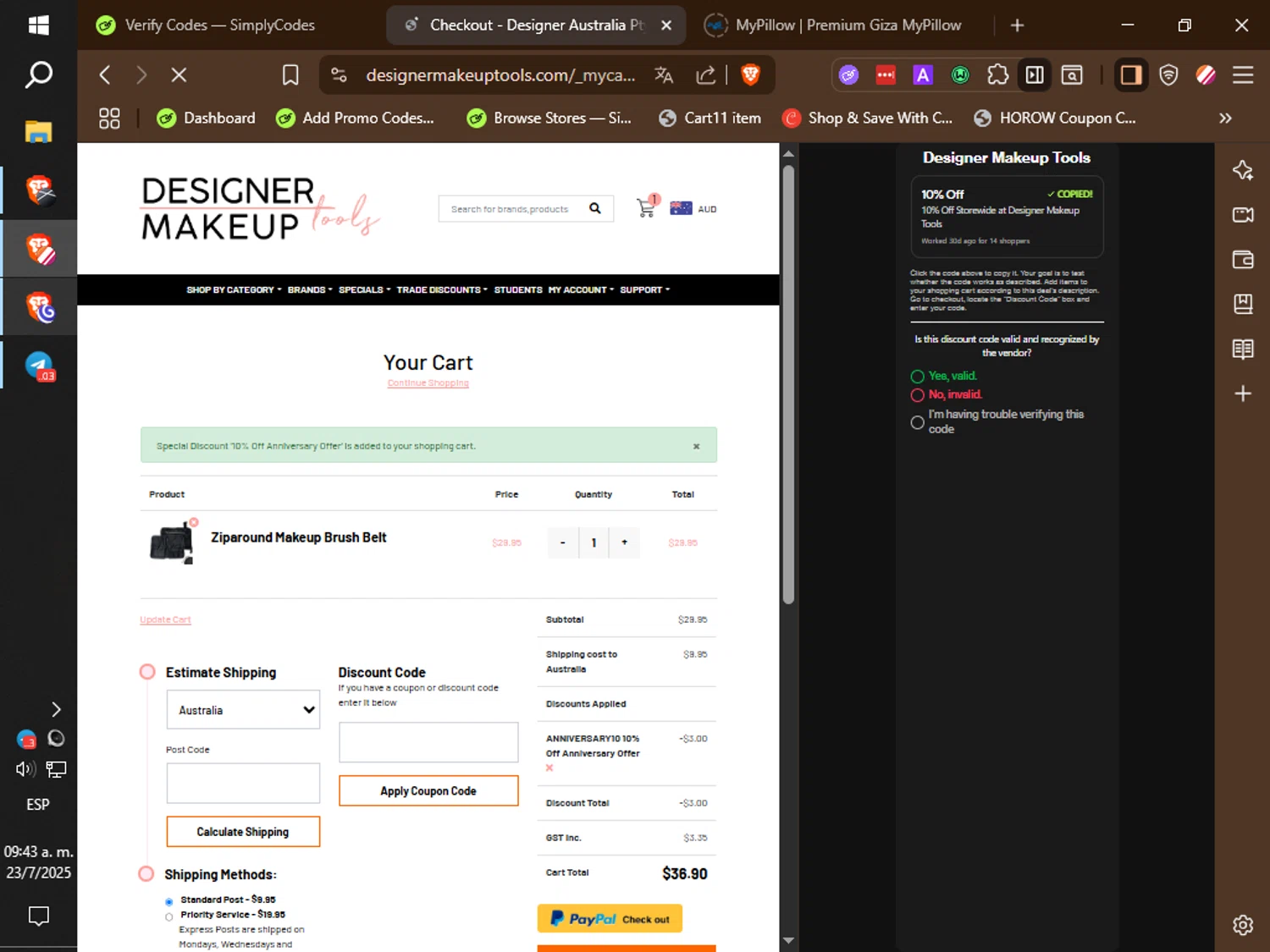 Designer Makeup Tools discount code screenshot showing code ANNIVERSARY10 applied at Designer Makeup Tools checkout page. Uploaded by SimplyCodes community member IronMind4607 on Jul 23, 2025