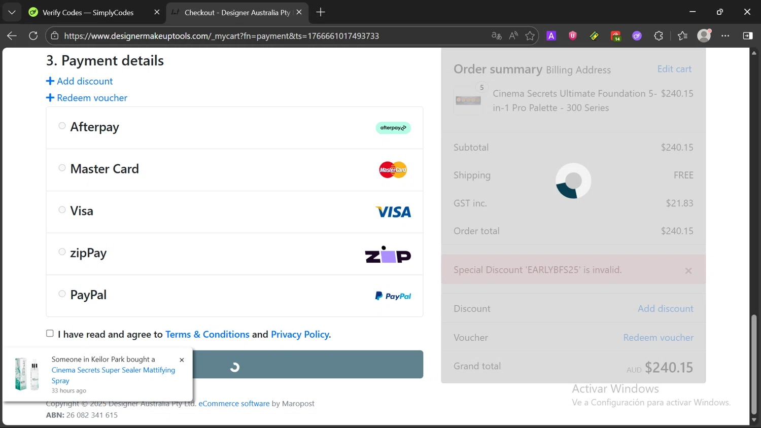 Designer Makeup Tools discount code screenshot showing code EARLYBFS25 applied at Designer Makeup Tools checkout page. Uploaded by SimplyCodes community member Chimoltigrito on Dec 25, 2025