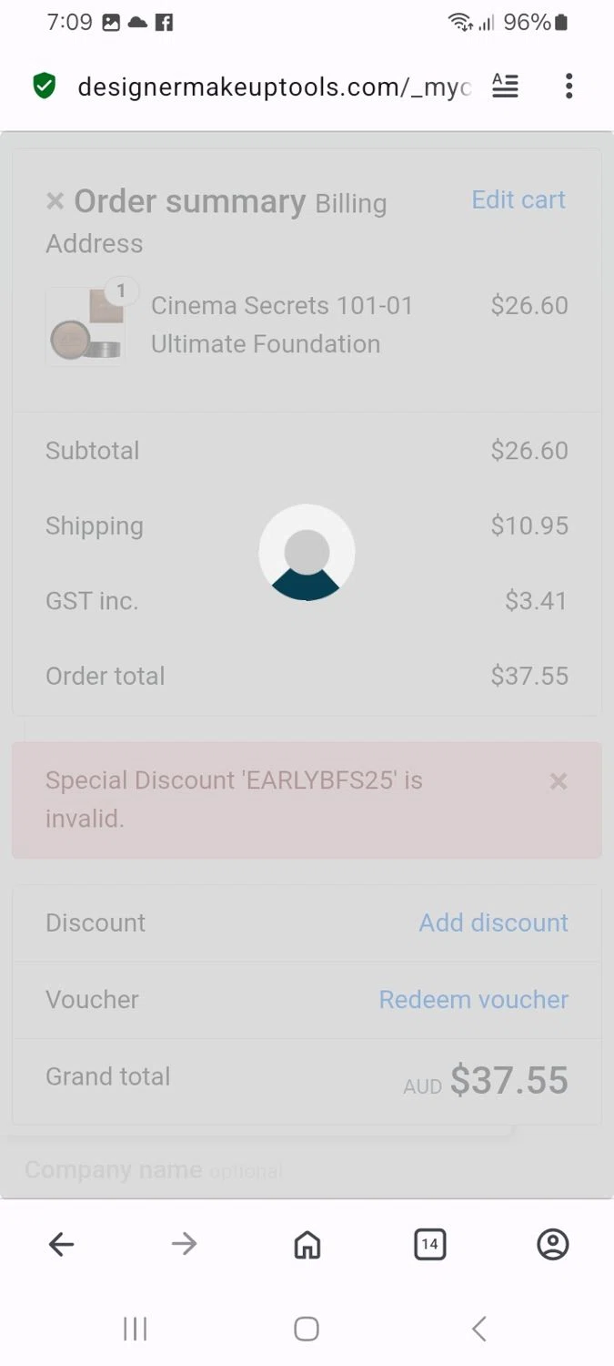 Designer Makeup Tools discount code screenshot showing code EARLYBFS25 applied at Designer Makeup Tools checkout page. Uploaded by SimplyCodes community member MoneyMaven5115 on Dec 25, 2025