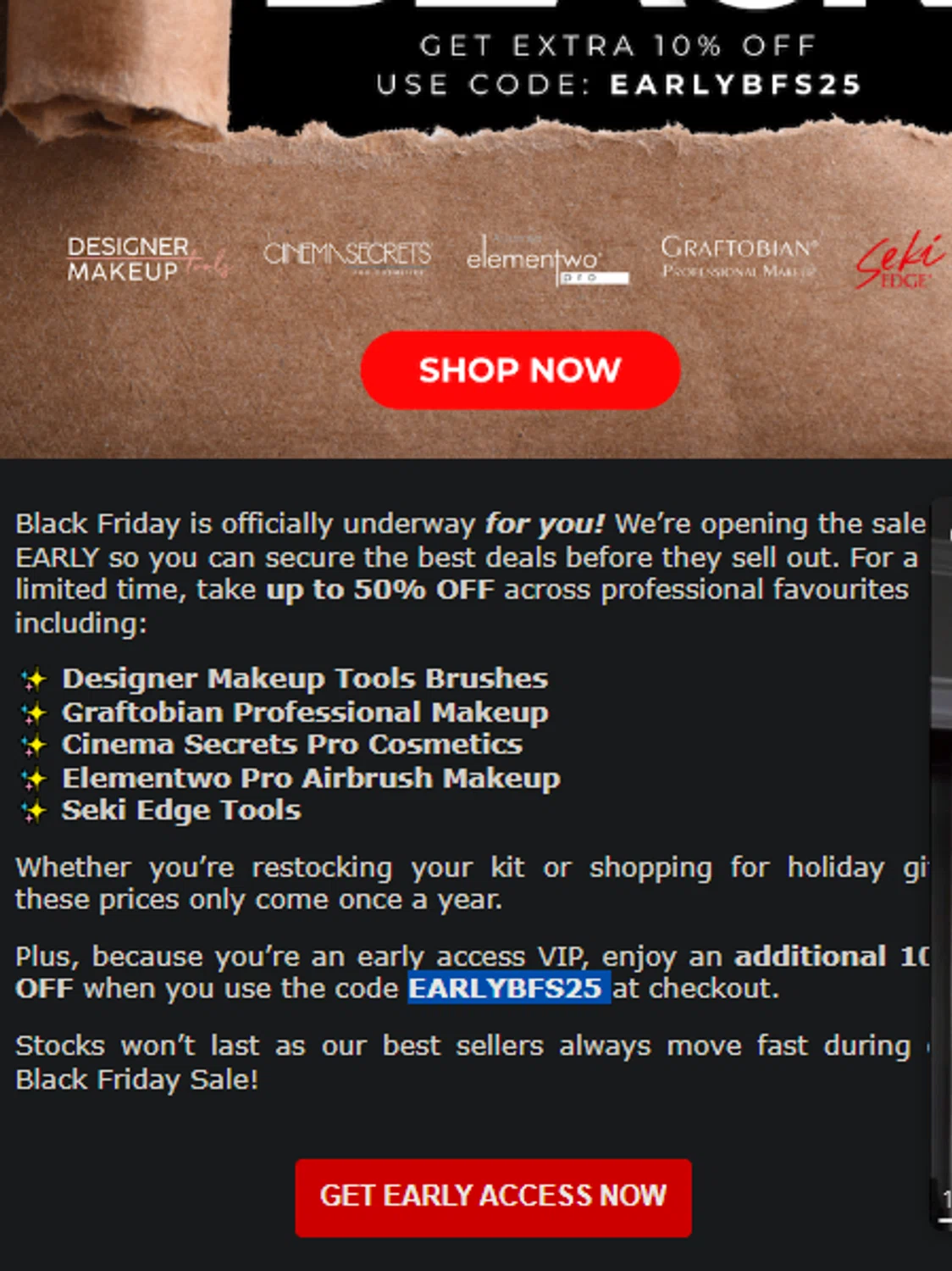 Designer Makeup Tools discount code screenshot showing code EARLYBFS25 applied at Designer Makeup Tools checkout page. Uploaded by SimplyCodes community member idkxxx on Nov 26, 2025