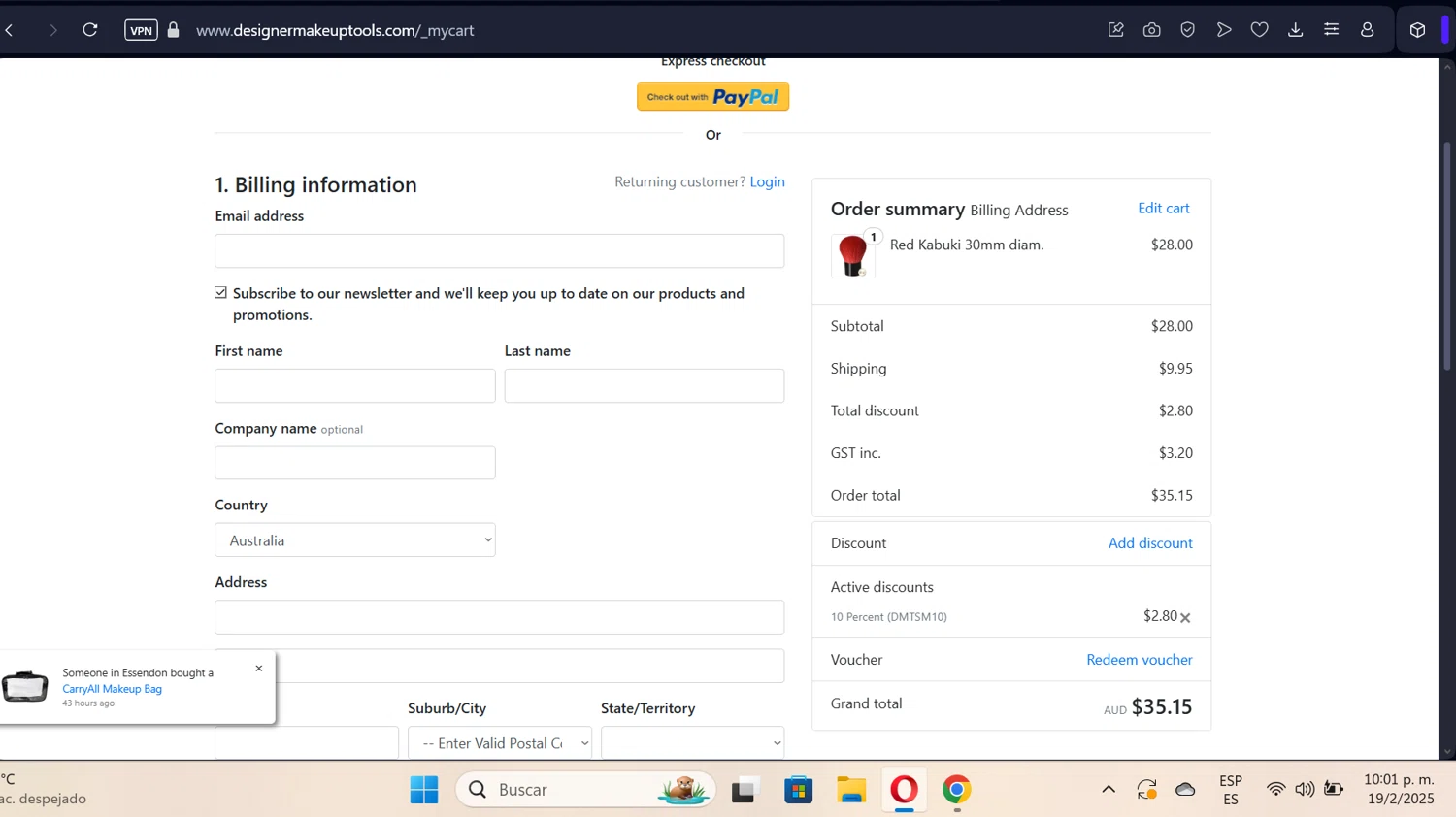 Designer Makeup Tools discount code screenshot showing code DMTSM10 applied at Designer Makeup Tools checkout page. Uploaded by SimplyCodes community member sofihernandezz on Feb 20, 2025