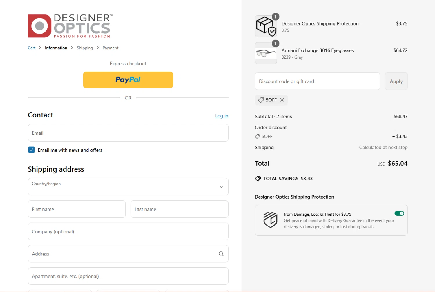 Designer Optics coupon code screenshot showing code 5OFF applied at Designer Optics checkout page. Uploaded by SimplyCodes community member Parangutirimicuaro on Jun 16, 2025