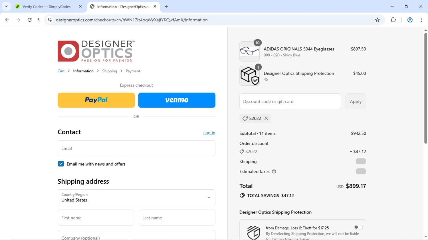 Designer Optics coupon code screenshot showing code S2022 applied at Designer Optics checkout page. Uploaded by SimplyCodes community member Livingston on Jul 27, 2025