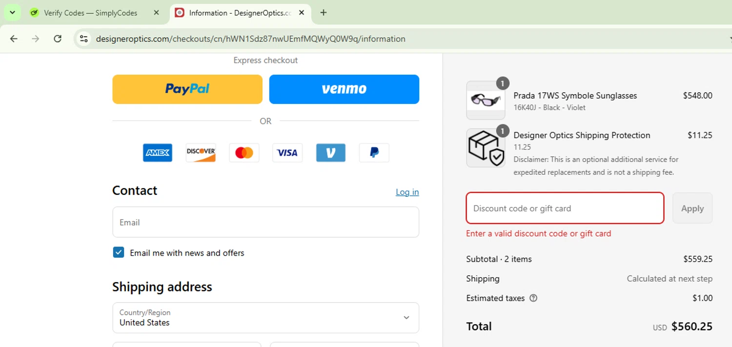 Designer Optics coupon code screenshot showing code SUMMER25 applied at Designer Optics checkout page. Uploaded by SimplyCodes community member CoinSage1043 on Aug 5, 2025