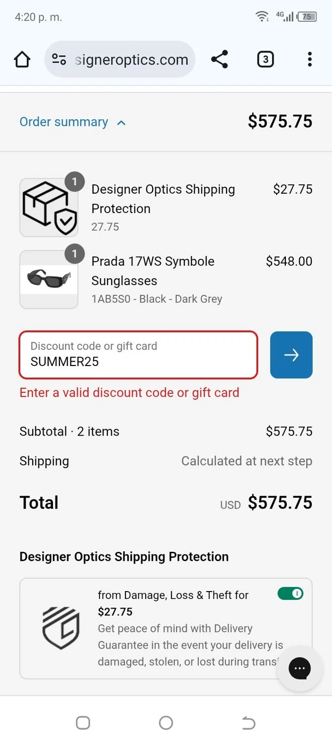 Designer Optics coupon code screenshot showing code SUMMER25 applied at Designer Optics checkout page. Uploaded by SimplyCodes community member VoucherLynx8610 on Aug 5, 2025