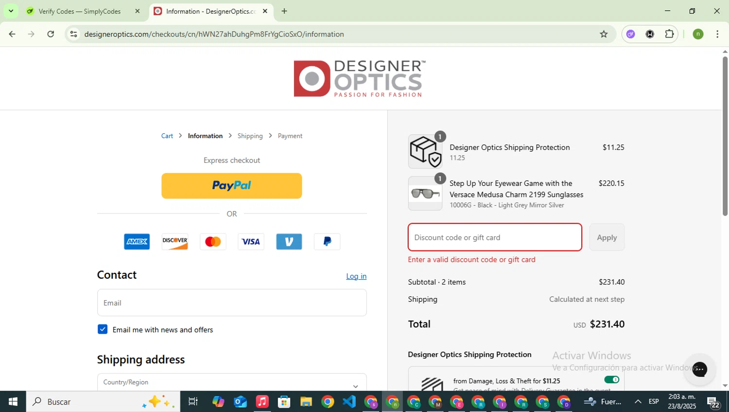 Designer Optics coupon code screenshot showing code SCHOOL25 applied at Designer Optics checkout page. Uploaded by SimplyCodes community member SwiftSaver6197 on Aug 23, 2025