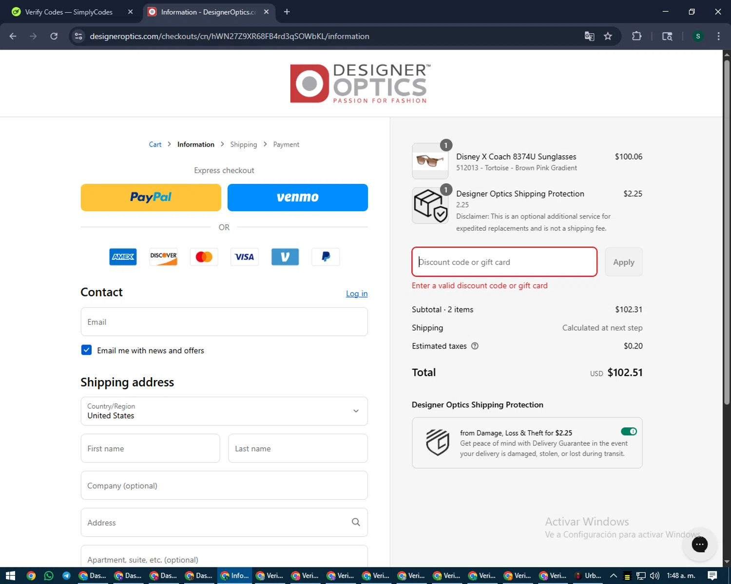 Designer Optics coupon code screenshot showing code SCHOOL25 applied at Designer Optics checkout page. Uploaded by SimplyCodes community member lilMosey on Aug 23, 2025