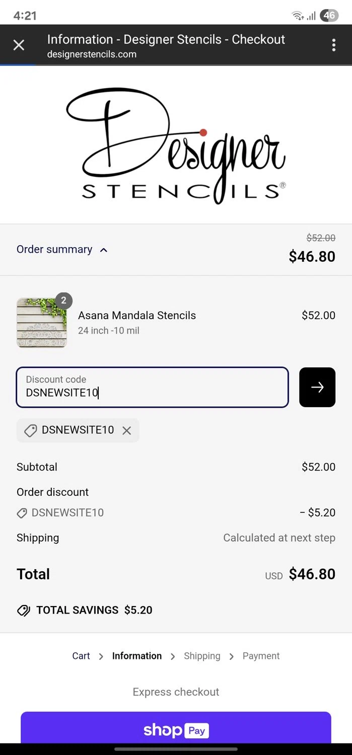 Designer Stencils coupon code screenshot showing code DSNEWSITE10 applied at Designer Stencils checkout page. Uploaded by SimplyCodes community member FortunateLynx2589 on Jun 14, 2025
