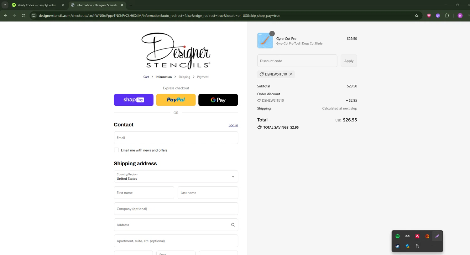 Designer Stencils coupon code screenshot showing code DSNEWSITE10 applied at Designer Stencils checkout page. Uploaded by SimplyCodes community member RoyalSentinel4577 on Jul 22, 2025