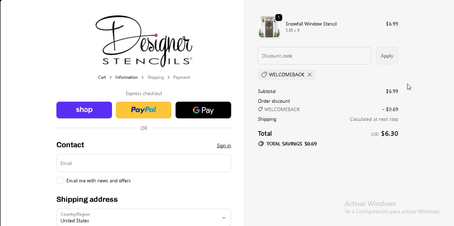 Designer Stencils coupon code screenshot showing code WELCOMEBACK applied at Designer Stencils checkout page. Uploaded by SimplyCodes community member RebateSpotter2821 on Dec 13, 2025