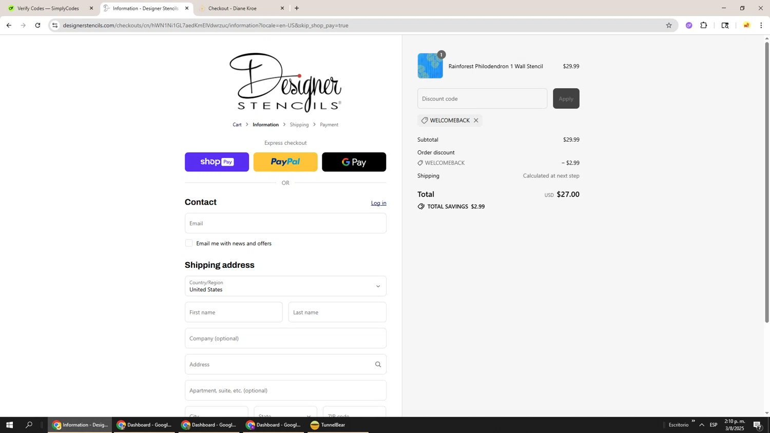 Designer Stencils coupon code screenshot showing code WELCOMEBACK applied at Designer Stencils checkout page. Uploaded by SimplyCodes community member Richard251 on Aug 3, 2025