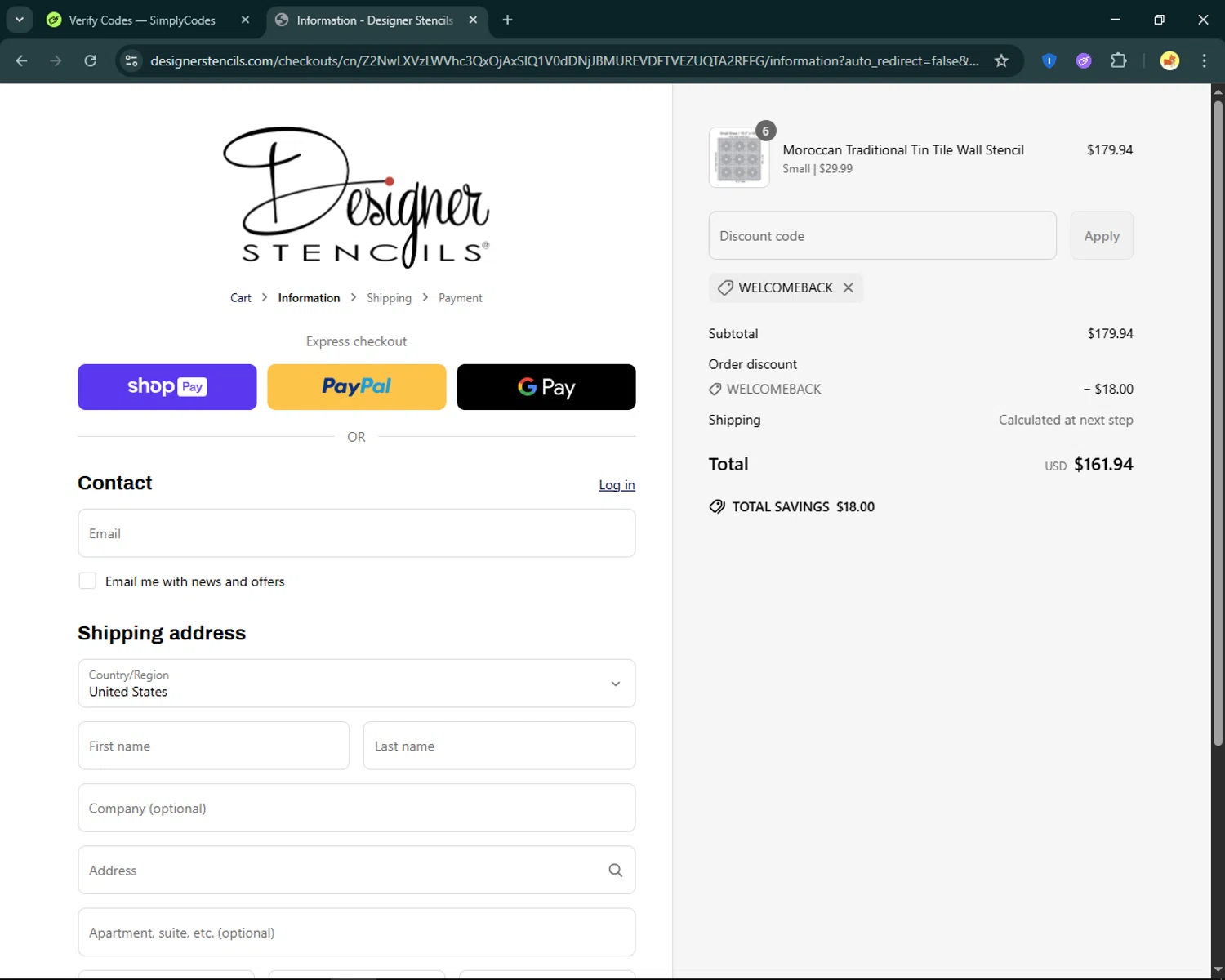 Designer Stencils coupon code screenshot showing code WELCOMEBACK applied at Designer Stencils checkout page. Uploaded by SimplyCodes community member SmartFinder4193 on May 1, 2025