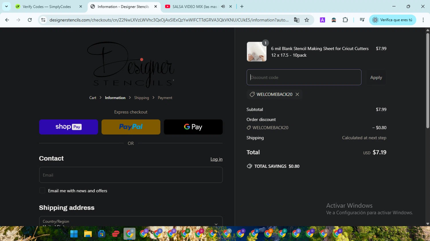 Designer Stencils coupon code screenshot showing code Welcomeback20 applied at Designer Stencils checkout page. Uploaded by SimplyCodes community member ScanMaven5756 on Mar 23, 2025