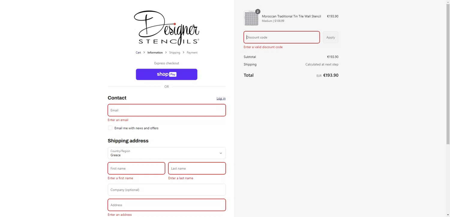 Designer Stencils coupon code screenshot showing code COASTAL15 applied at Designer Stencils checkout page. Uploaded by SimplyCodes community member DiscountWarden480 on Aug 8, 2025
