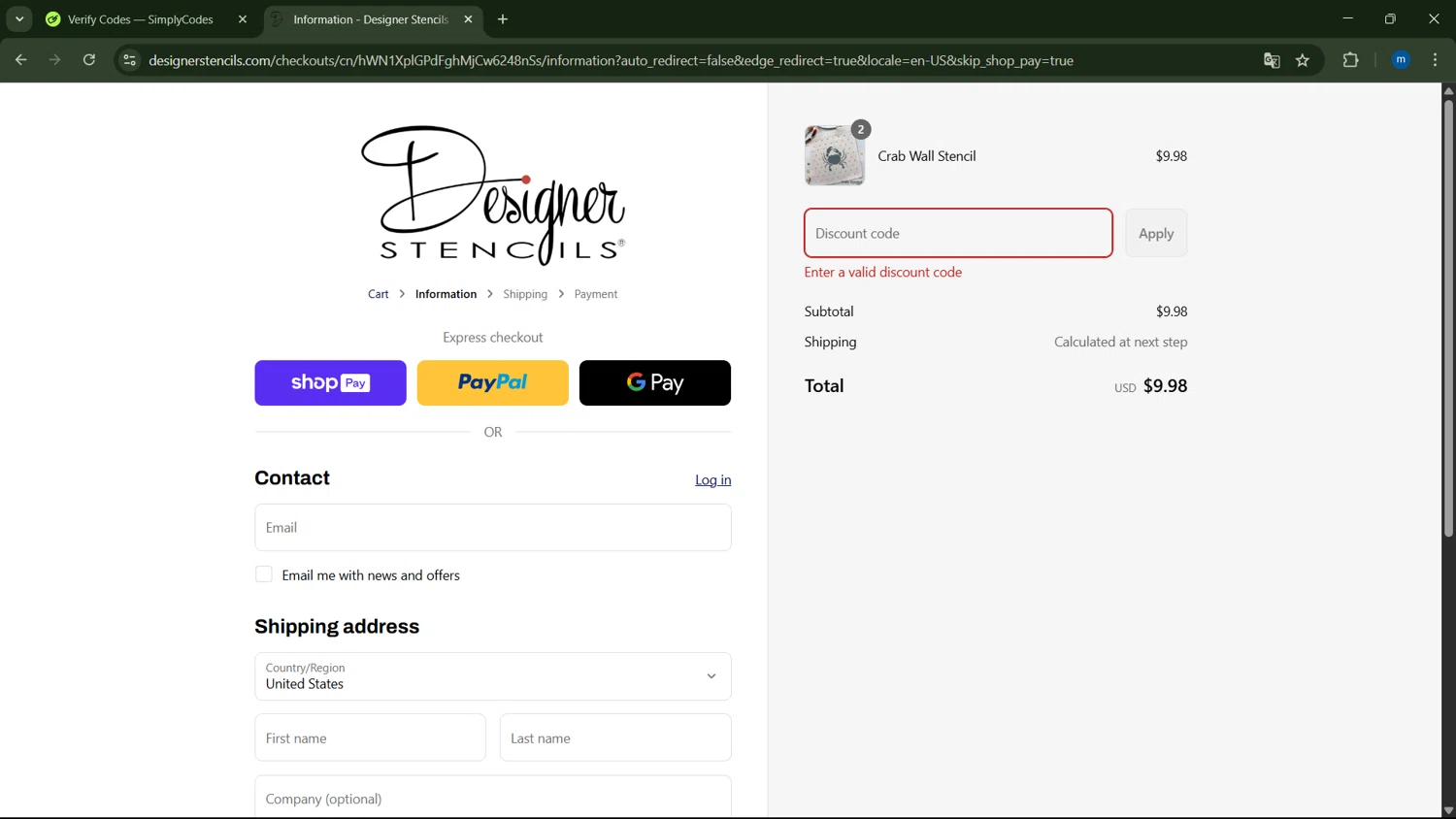 Designer Stencils coupon code screenshot showing code COASTAL15 applied at Designer Stencils checkout page. Uploaded by SimplyCodes community member GloriousSpotter8024 on Aug 8, 2025