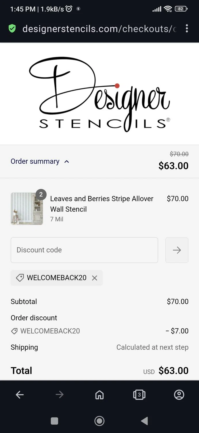 Designer Stencils coupon code screenshot showing code Welcomeback20 applied at Designer Stencils checkout page. Uploaded by SimplyCodes community member BB9542251456527 on Feb 20, 2025