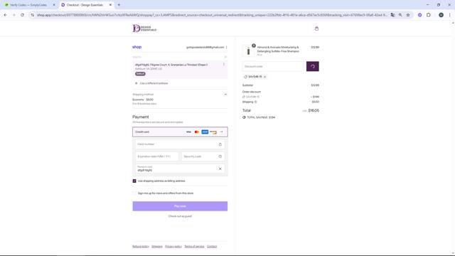 Design Essentials checkout page showing Design Essentials coupon code box | Screenshot taken by SimplyCodes community member on Sep 7, 2025