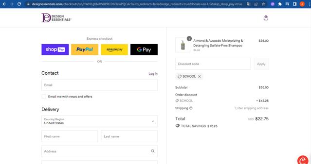 Design Essentials checkout page showing Design Essentials coupon code box | Screenshot taken by SimplyCodes community member on Aug 11, 2025