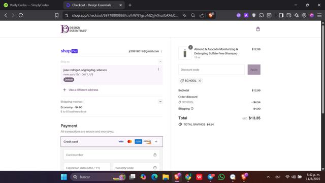 Design Essentials checkout page showing Design Essentials coupon code box | Screenshot taken by SimplyCodes community member on Aug 11, 2025