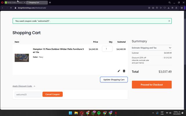 Design Furnishings checkout page showing Design Furnishings promo code box | Screenshot taken by SimplyCodes community member on Jan 15, 2025