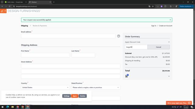 Design Furnishings checkout page showing Design Furnishings promo code box | Screenshot taken by SimplyCodes community member on Apr 4, 2025