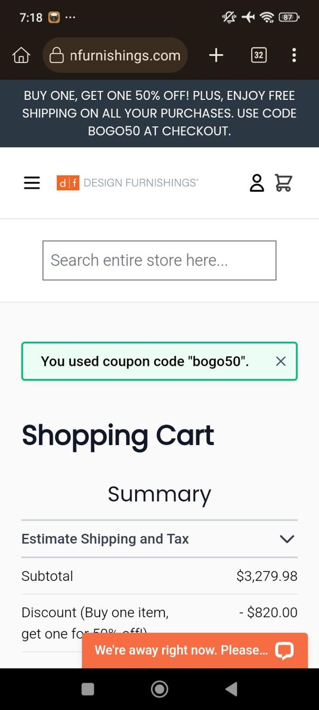 Design Furnishings checkout page showing Design Furnishings promo code box | Screenshot taken by SimplyCodes community member on Apr 4, 2025