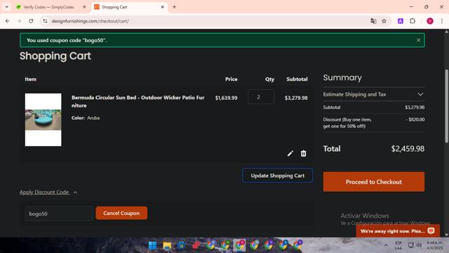 Design Furnishings checkout page showing Design Furnishings promo code box | Screenshot taken by SimplyCodes community member on Apr 4, 2025