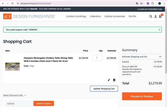 Design Furnishings checkout page showing Design Furnishings promo code box | Screenshot taken by SimplyCodes community member on Feb 10, 2025