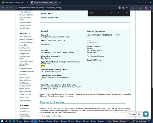 Design It Yourself Gift Baskets checkout page showing Design It Yourself Gift Baskets promo code box | Screenshot taken by SimplyCodes community member on Sep 4, 2025
