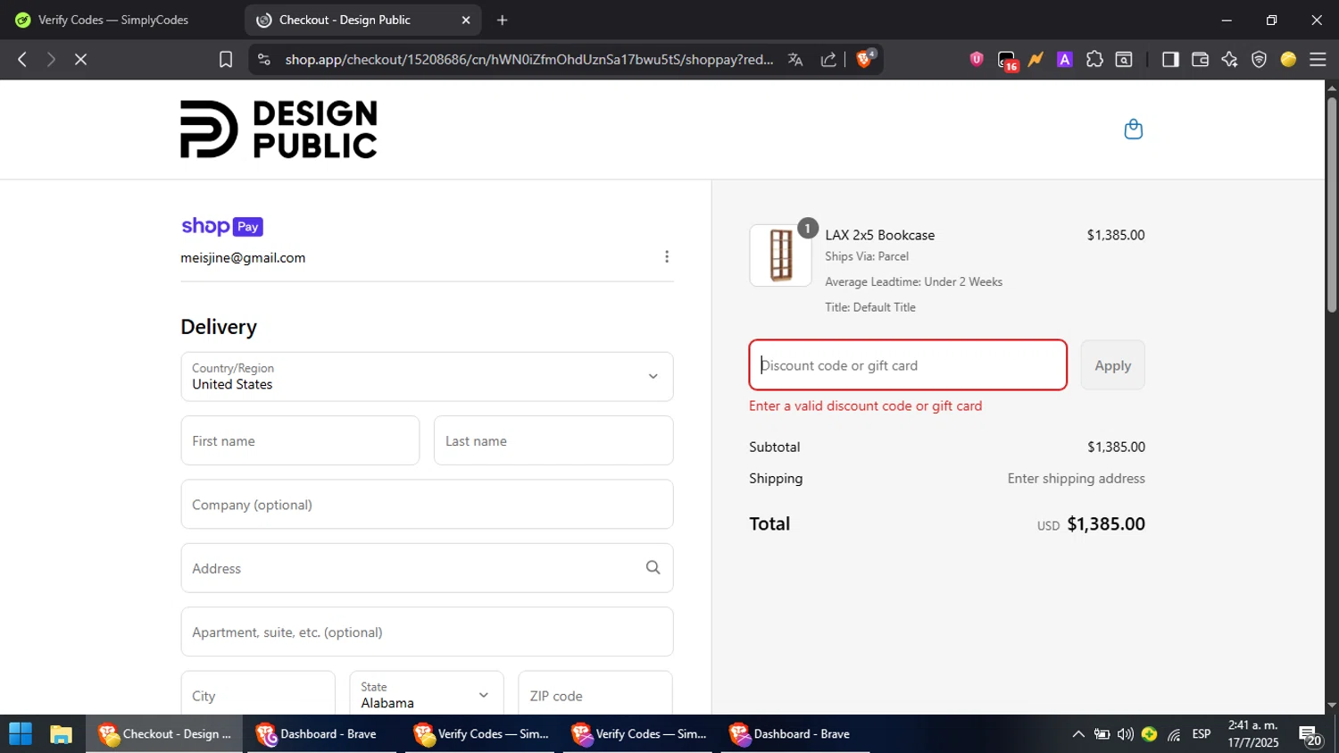 Design Public promo code screenshot showing code DESIGN applied at Design Public checkout page. Uploaded by SimplyCodes community member MoneyPilot9165 on Jul 17, 2025