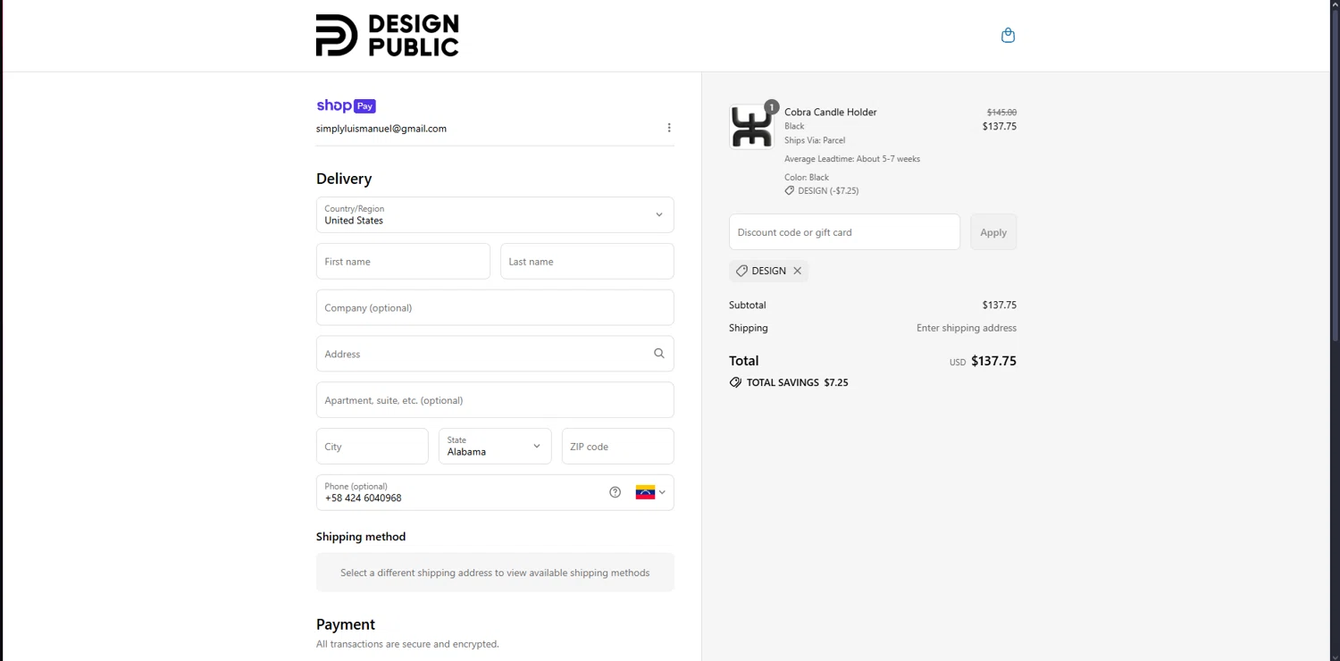 Design Public checkout page showing Design Public promo code box | Screenshot taken by SimplyCodes community member on Jul 12, 2025