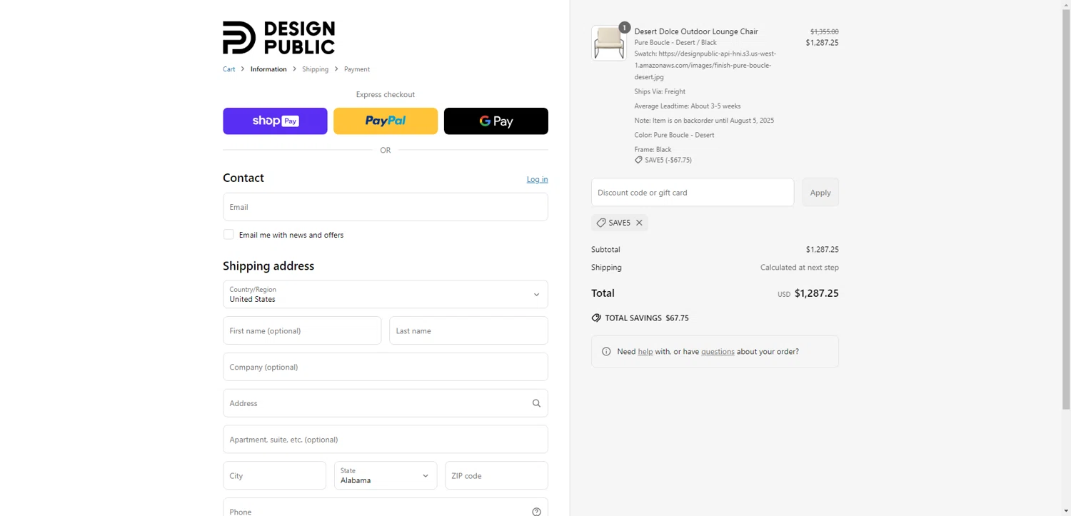 Design Public checkout page showing Design Public promo code box | Screenshot taken by SimplyCodes community member on Jun 20, 2025