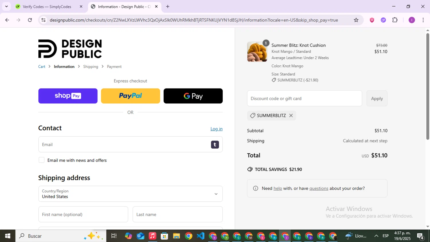 Design Public promo code screenshot showing code SUMMERBLITZ applied at Design Public checkout page. Uploaded by SimplyCodes community member RebateAce6764 on Jun 19, 2025