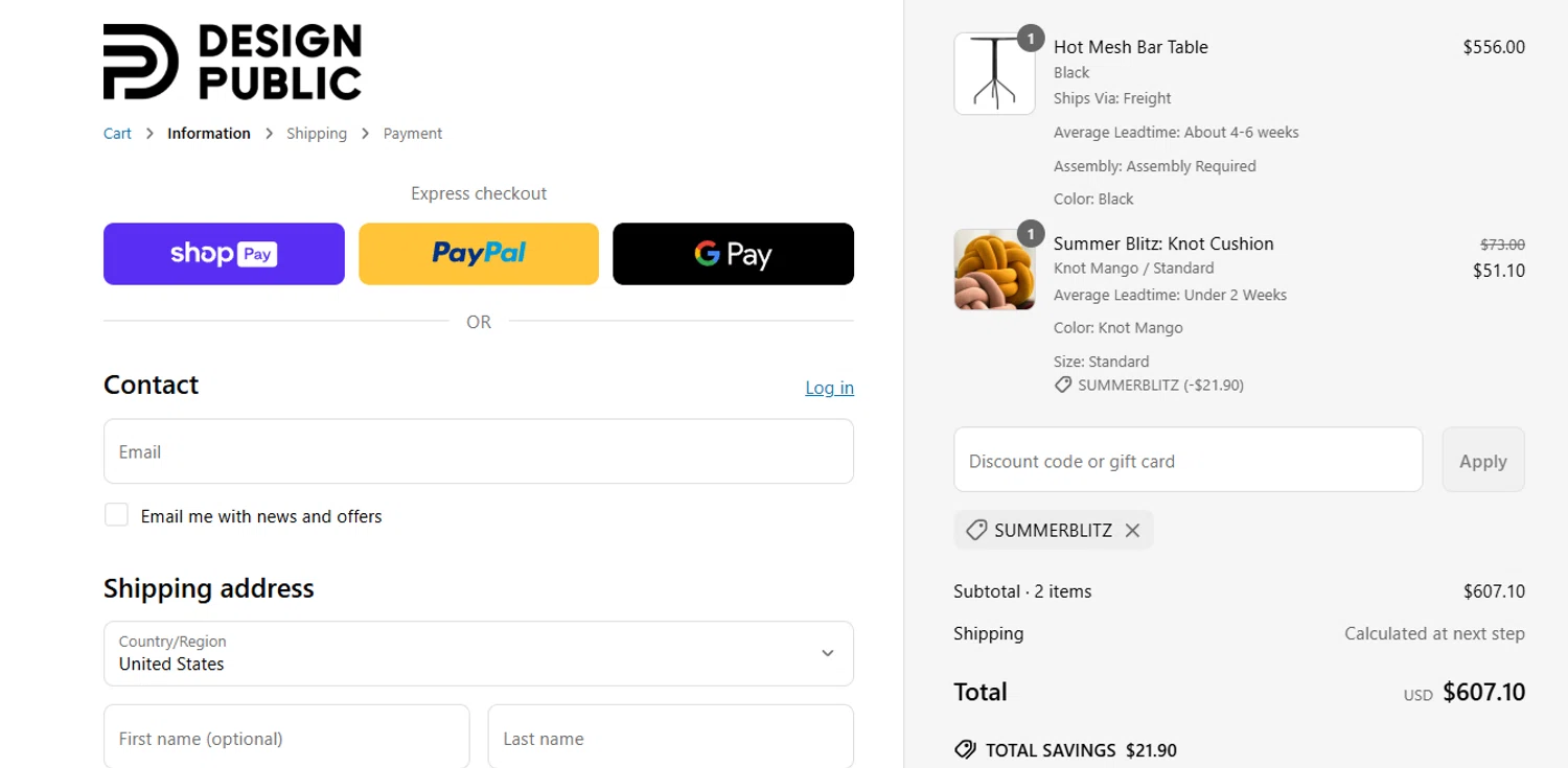 Design Public promo code screenshot showing code SUMMERBLITZ applied at Design Public checkout page. Uploaded by SimplyCodes community member jesspea on Jun 19, 2025