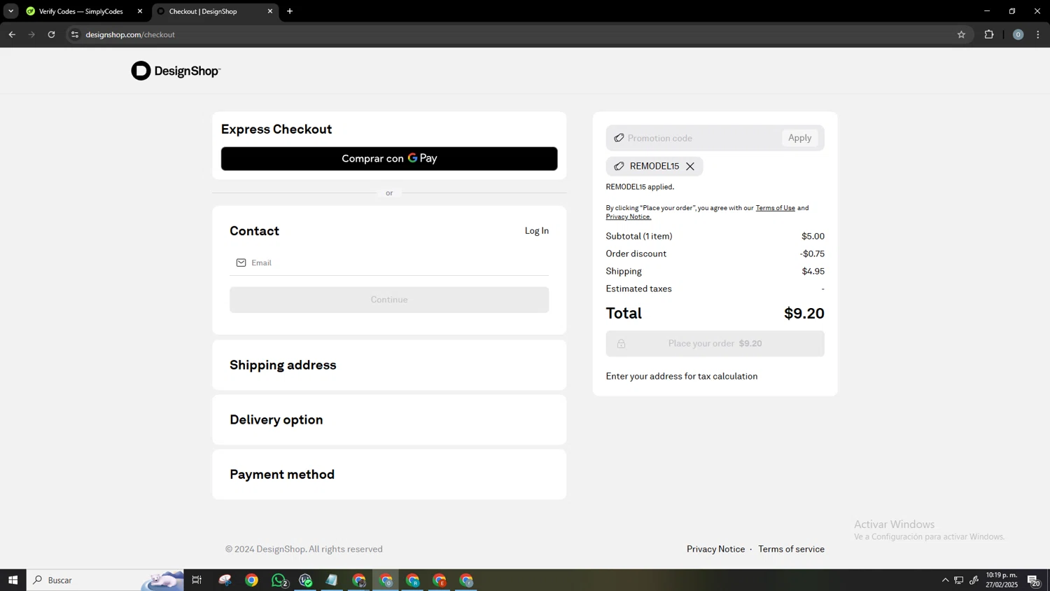 DesignShop checkout page showing DesignShop promo code box | Screenshot taken by SimplyCodes community member on Feb 28, 2025