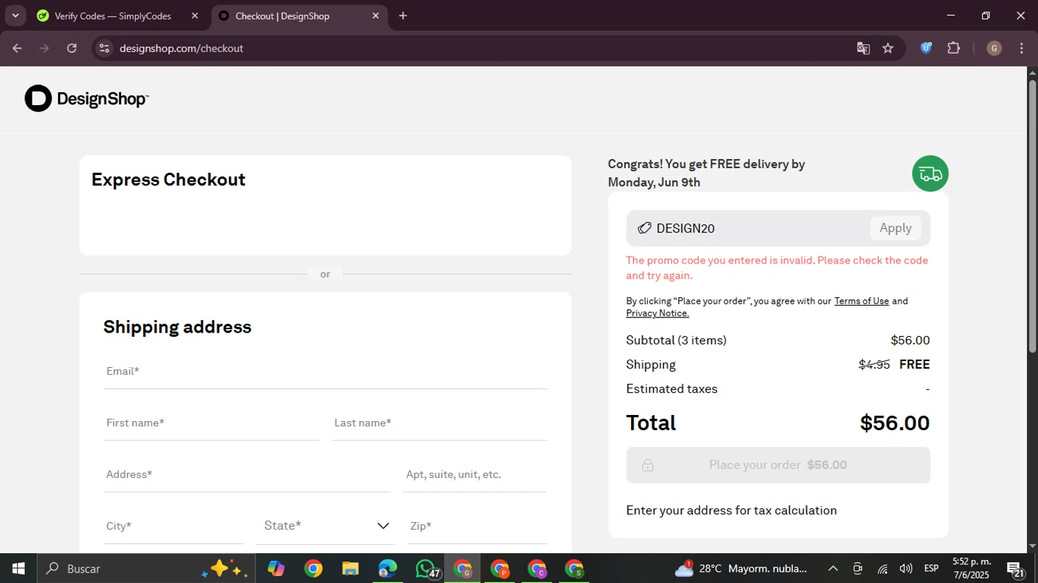 DesignShop promo code screenshot showing code DESIGN20 applied at DesignShop checkout page. Uploaded by SimplyCodes community member BrilliantTracker4207 on Jun 7, 2025