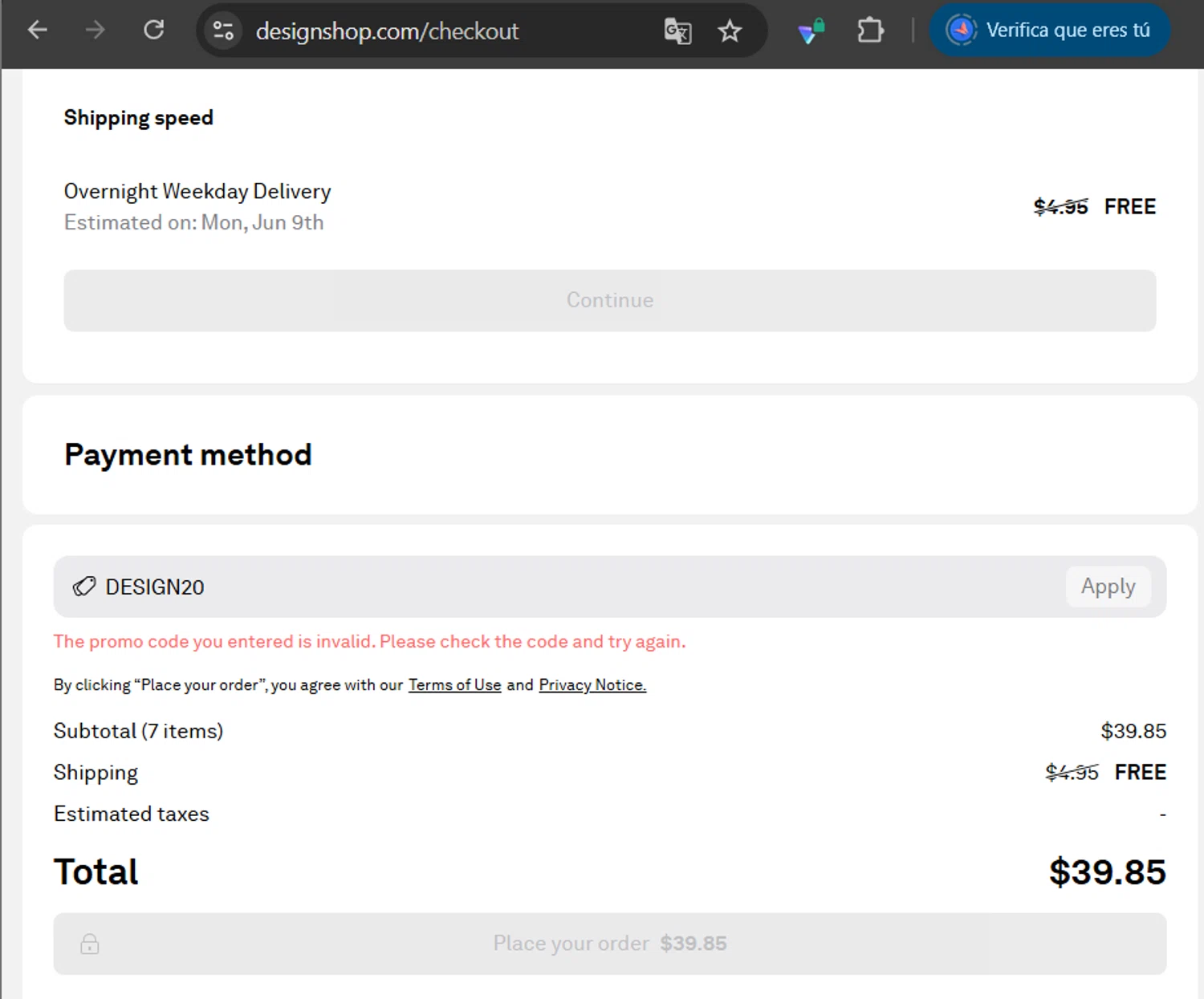 DesignShop promo code screenshot showing code DESIGN20 applied at DesignShop checkout page. Uploaded by SimplyCodes community member LaCalix3000 on Jun 7, 2025