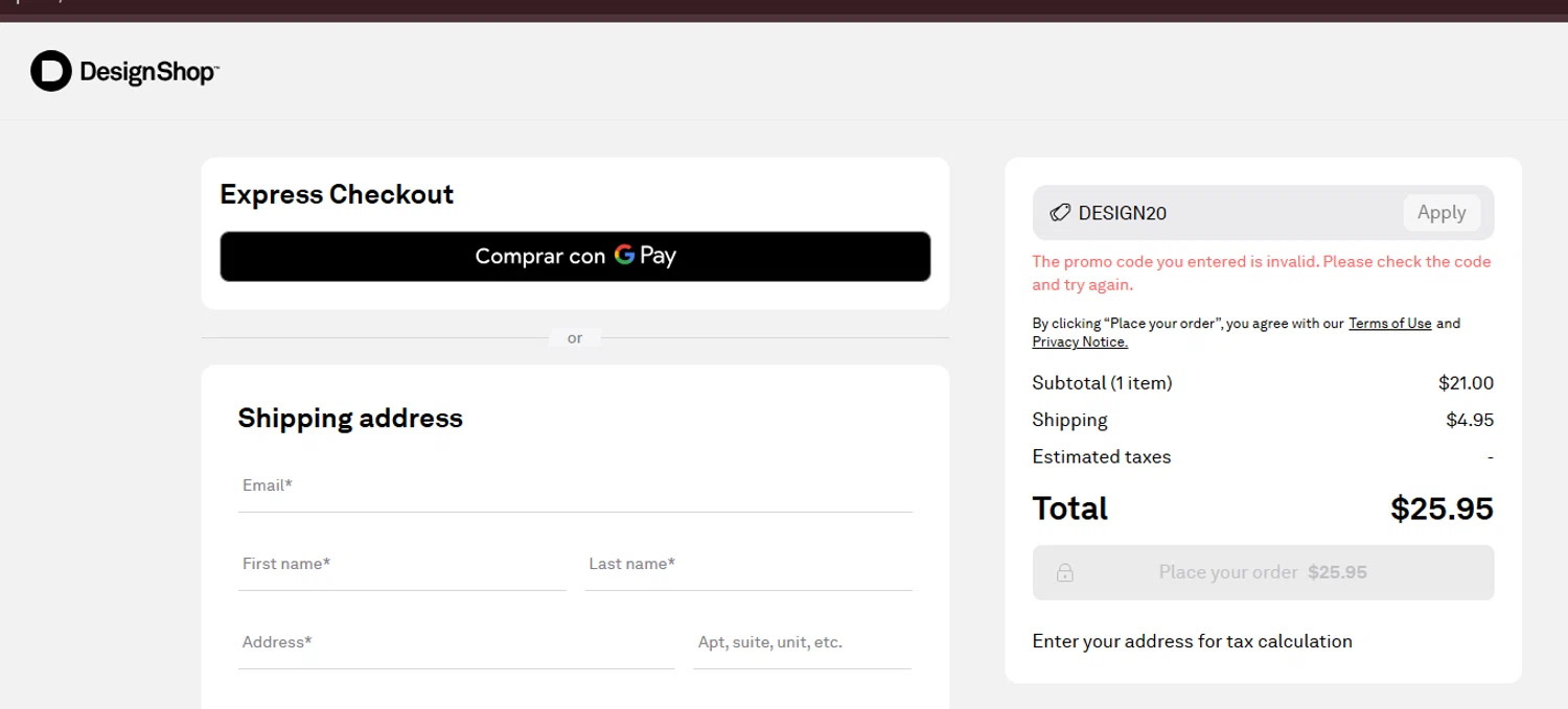 DesignShop promo code screenshot showing code DESIGN20 applied at DesignShop checkout page. Uploaded by SimplyCodes community member TDManzanilla on Jun 7, 2025