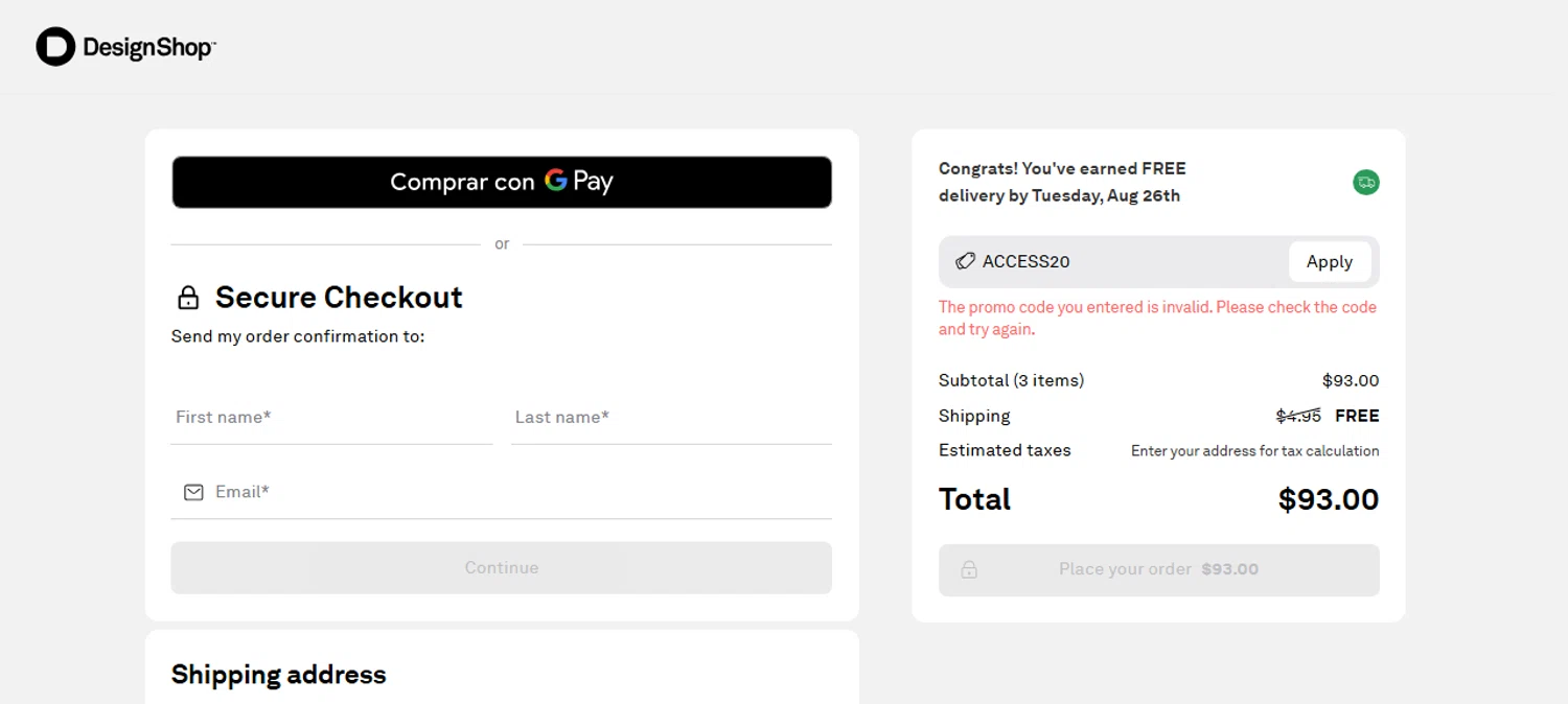 DesignShop promo code screenshot showing code ACCESS20 applied at DesignShop checkout page. Uploaded by SimplyCodes community member Chrisyks on Aug 25, 2025